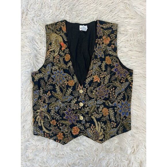 Theo Vintage Whimsical Beaded Floral Bird Three Button Women’s Blue Vest Medium - Picture 1 of 9
